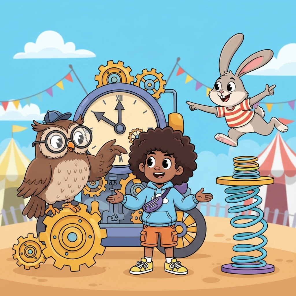 Finn zipped out to the festival, consulting with the machine's whimsical guardians. He spoke to Professor Cogsworth, a wise old owl who guarded the gears, and Springy Stella, a bouncy rabbit in charge of the springs. Each explained their part with exaggerated gestures and funny sounds.