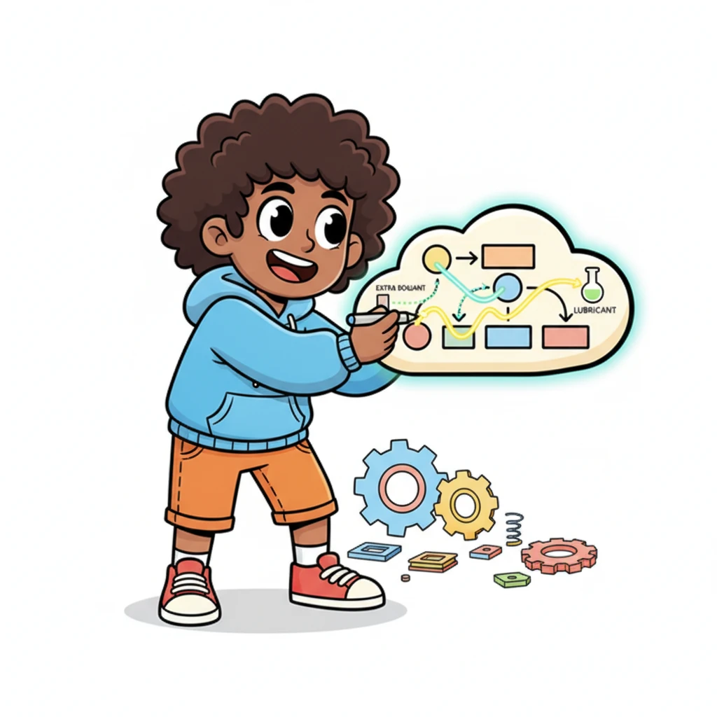 Back at his board, Finn excitedly updated his diagram. He added a tiny, wobbly connection for Professor Cogsworth's special lubricant and a strong, stretchy line for Springy Stella's extra bounce. The connections now glowed brightly, showing a perfect, harmonious flow.