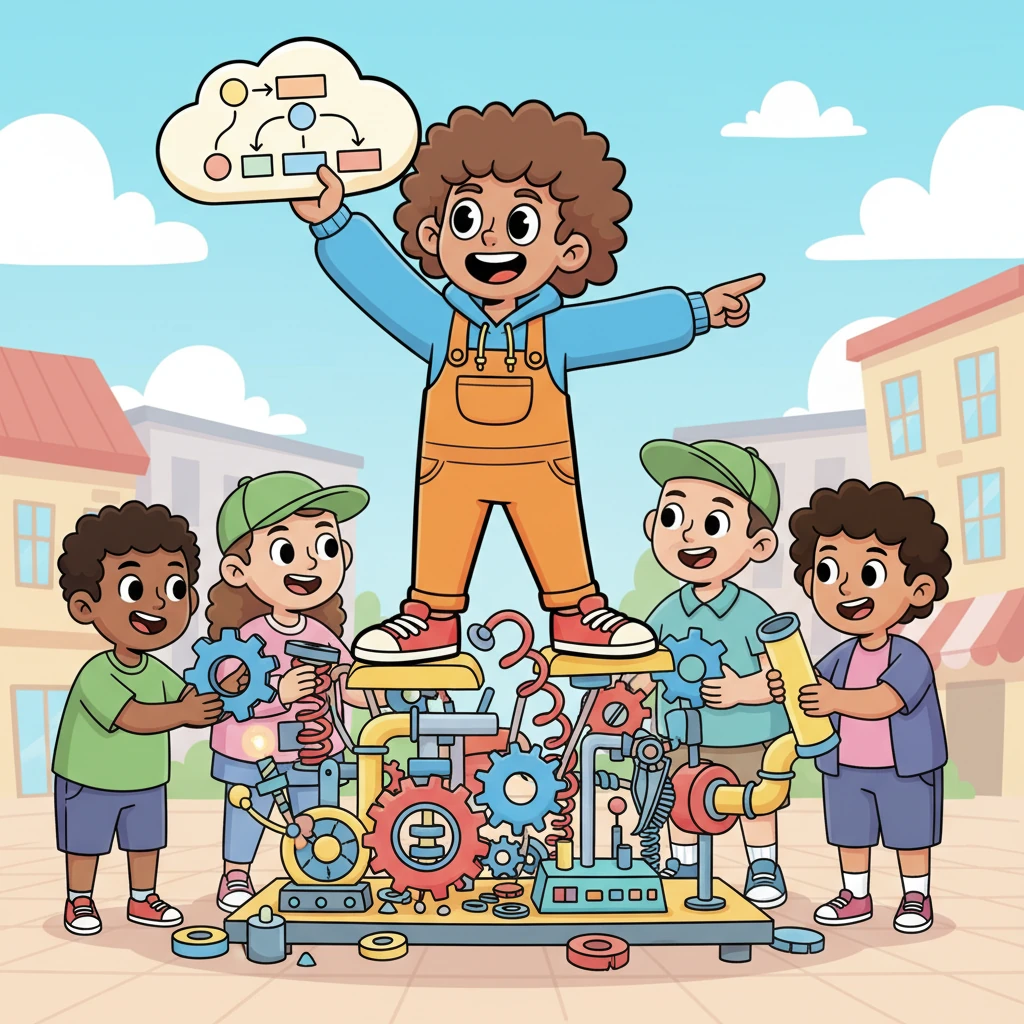 With his finished "Connection Map" held high, Finn confidently directed the townsfolk. "The blue gear connects to the red spring here!" he announced, pointing with a dramatic flourish. Everyone followed his clear, colorful instructions, carefully re-linking the machine's parts.