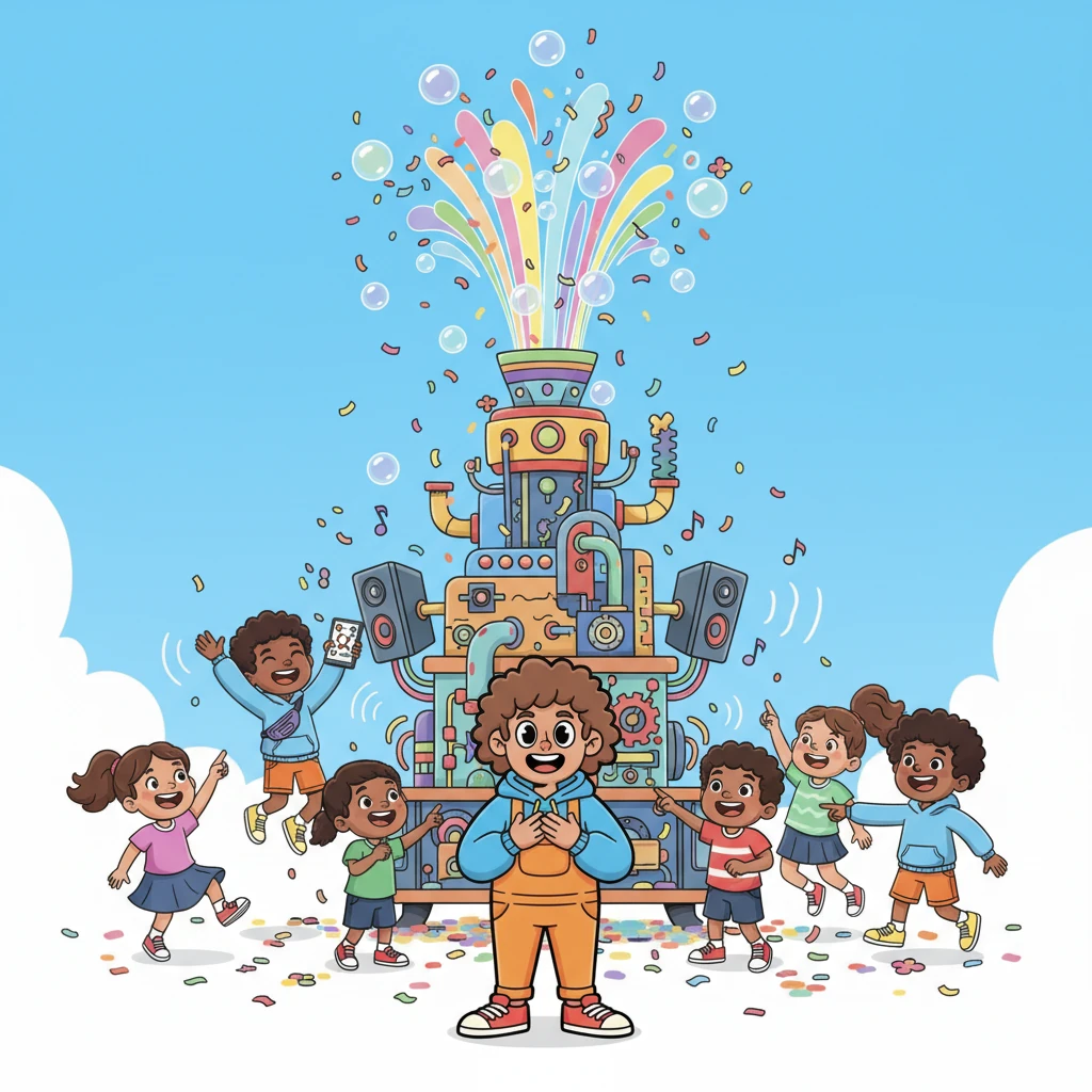 With a final click and a whir, the Magnificent Marvel Machine roared to life! Confetti burst into the sky, bubbles floated everywhere, and joyful music filled the air. Finn, beaming with pride, watched everyone dance, knowing his clever connections had saved the day.