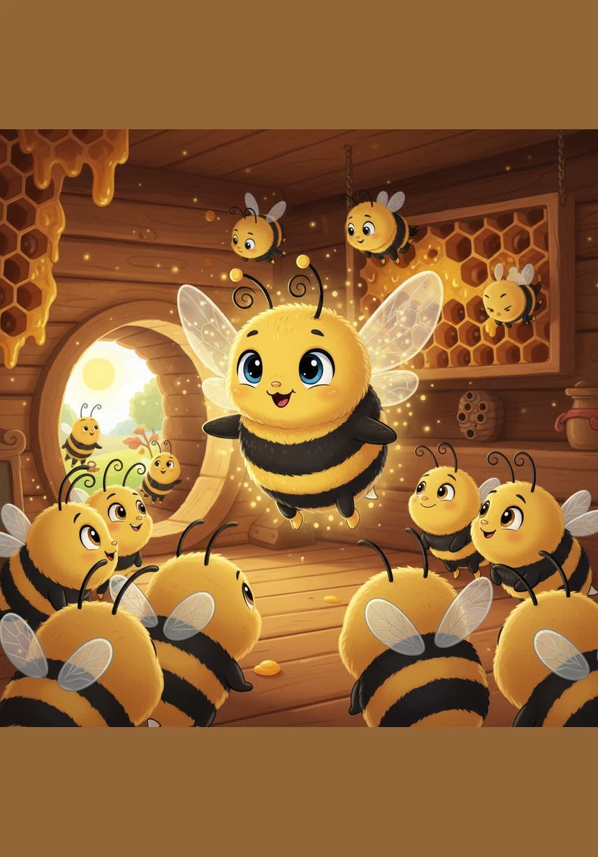 Inside the bustling hive, Barnaby buzzes with excitement, encouraging his friends to start their important work. His yellow stripes glow brightly as his wings become a fast-moving blur, ready to take flight for a day of adventure.