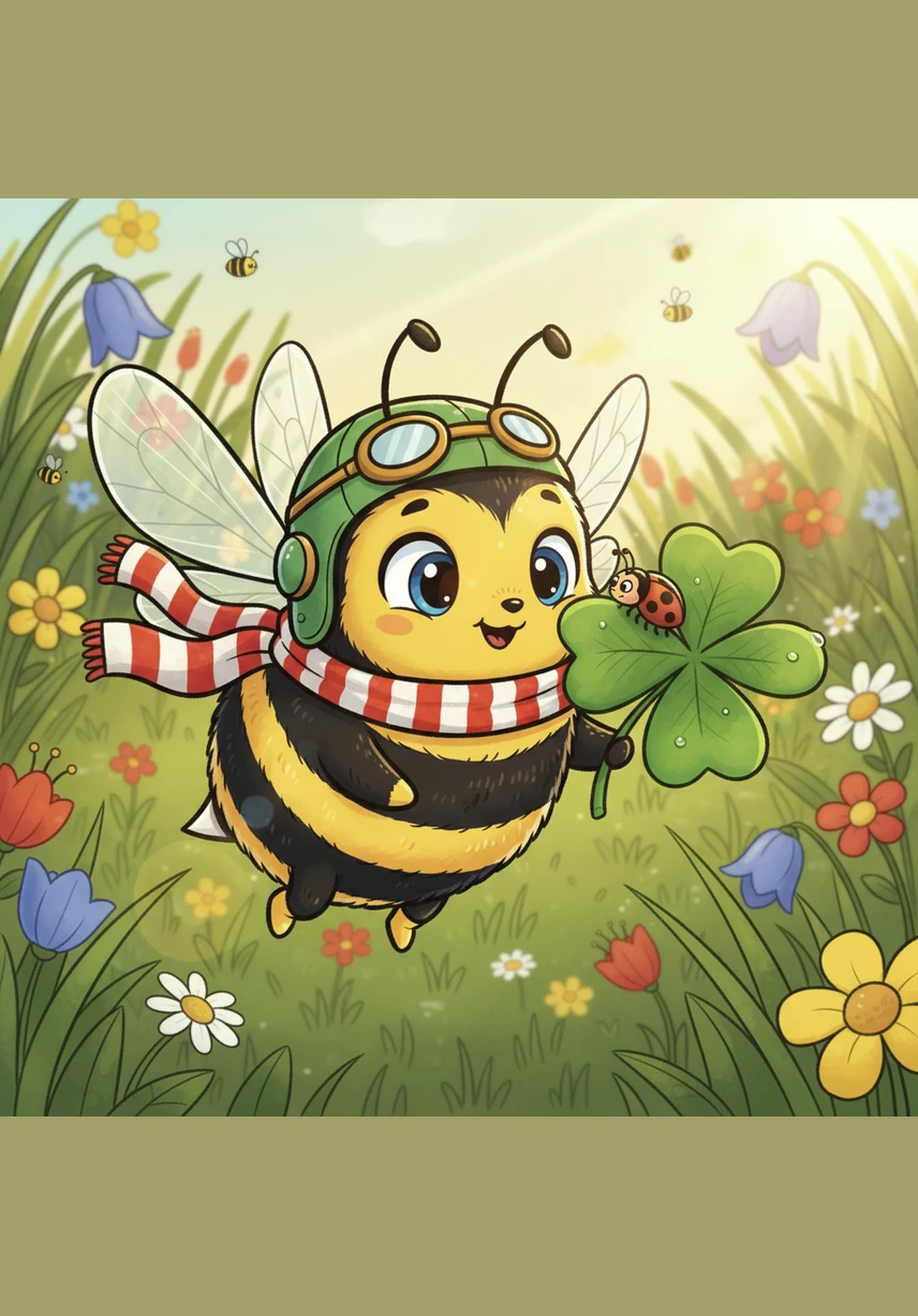 Barnaby lands gently on a soft, purple clover, and as he drinks the sweet nectar, tiny grains of golden pollen stick to his fuzzy legs. He looks like he is wearing magical yellow boots made of stardust.