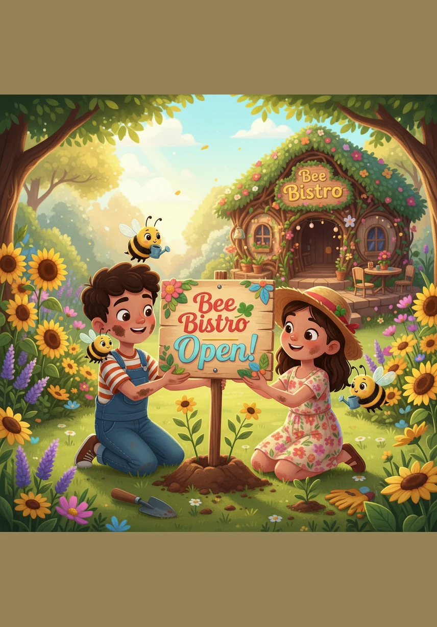 In a nearby garden, a young boy and girl are busy planting lavender and sunflowers to create a colorful Bee Cafe. They know that by planting these bright flowers, they are giving Barnaby and his friends a wonderful place to eat.