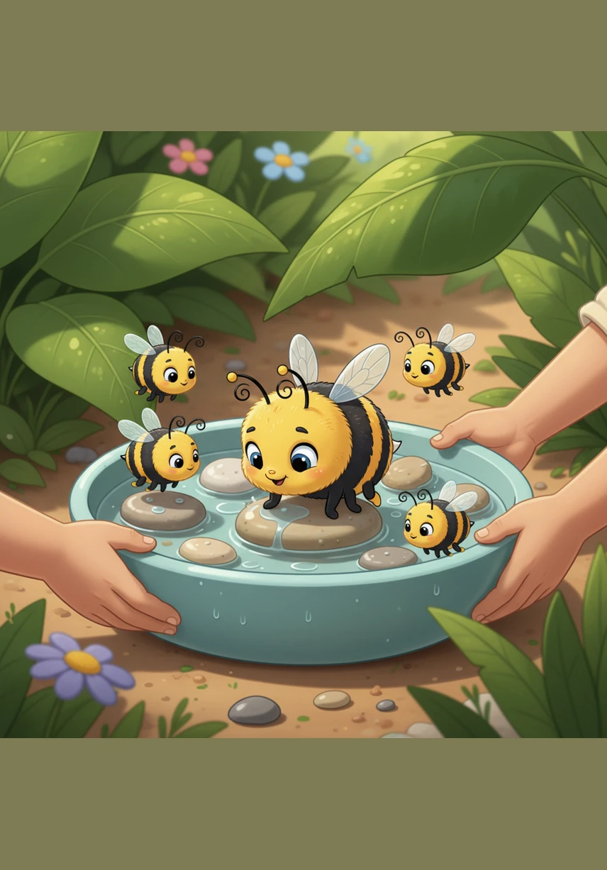 The children carefully place a shallow bowl of water filled with smooth pebbles in the shade for the thirsty bees. Barnaby lands safely on a pebble to take a refreshing sip before continuing his busy journey.
