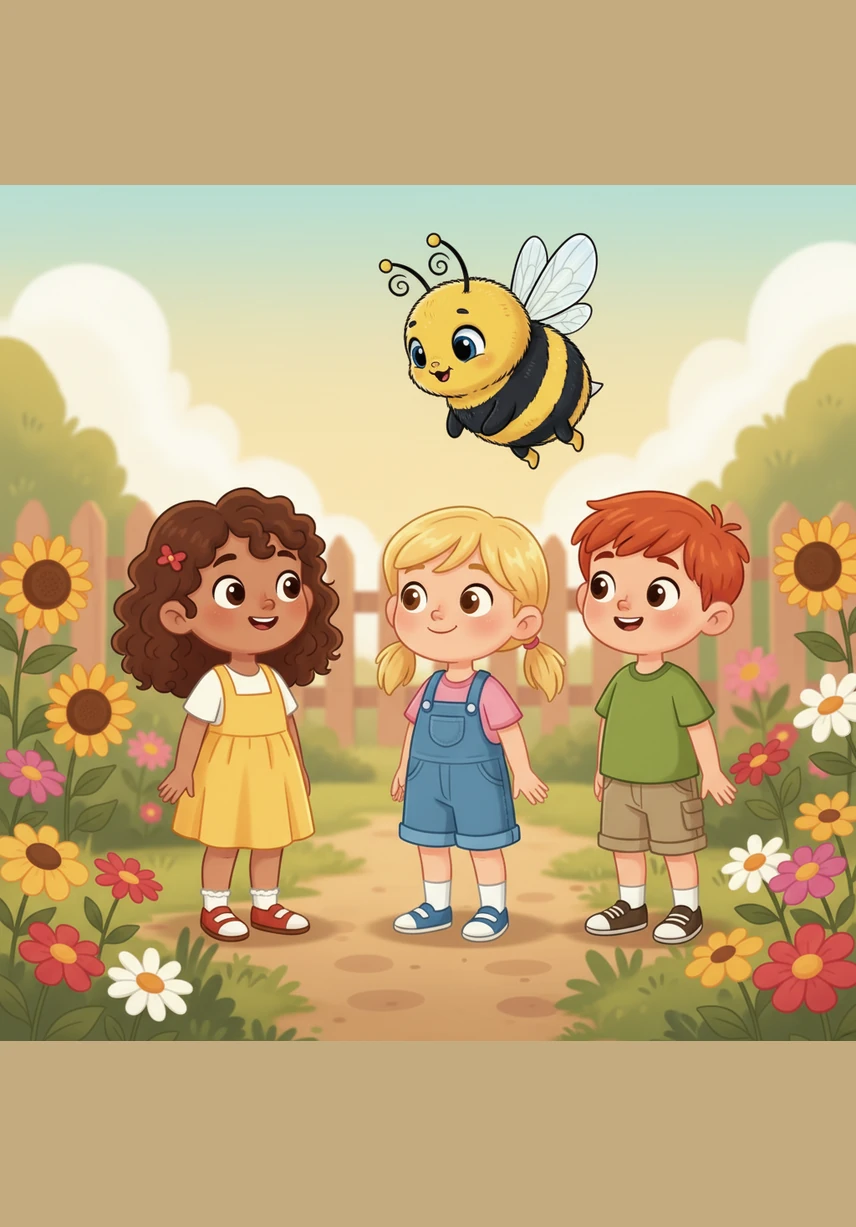 When Barnaby flies close to the children, they stand perfectly still like garden statues, watching him with curious smiles. They know he is just looking for his next flower and that they are all part of the same big family.