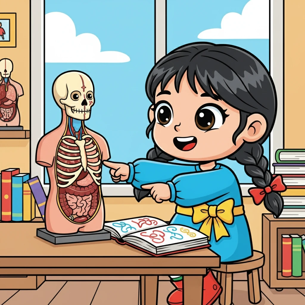 Айгүл атты кішкентай қыз өзінің денесі туралы білуге ​​қызығушылық танытады. Ол ғылыми кітаптарды оқып, әртүрлі анатомиялық модельдерді зерттейді. Айгүлдің беті қуаныштан жарқырап тұр, ол жаңа білімдер алуға дайын.