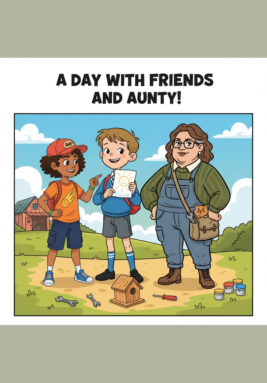 Pietie, his friend Khosi, and Pietie's aunt set off on a sunny walk to the neighborhood store. The boys are excited for their outing, chatting happily as they walk side by side along the sidewalk under the bright blue sky.