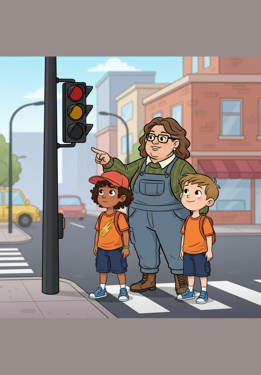 They reach a street corner where a tall, black pole stands with three round eyes staring down at them. Aunt stops the boys and points to the traffic light, explaining that these colorful eyes help keep everyone safe on the busy road.