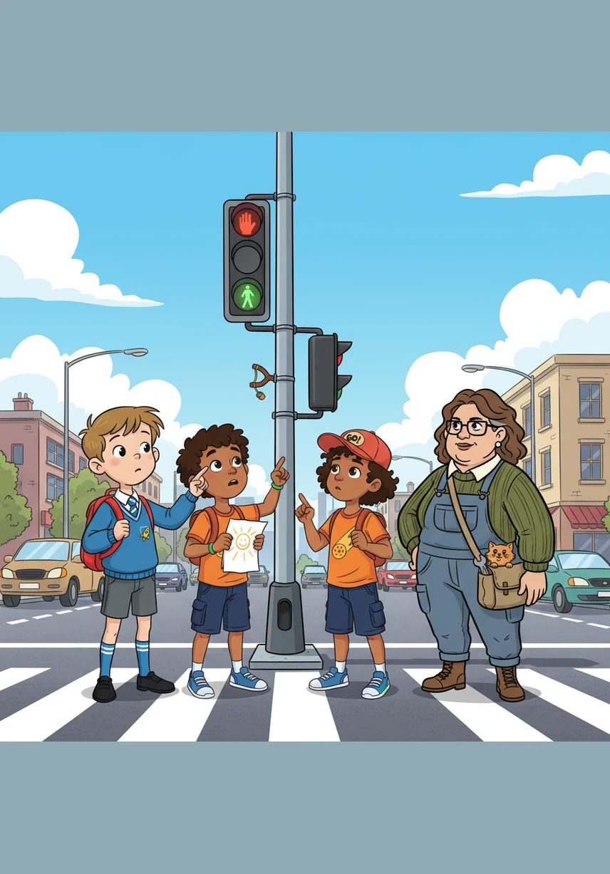 The pole has three glowing colors: red means stop, orange means wait, and green means go. When the light finally turns green, Pietie starts to step forward into the road, eager to reach the other side and get to the shop.