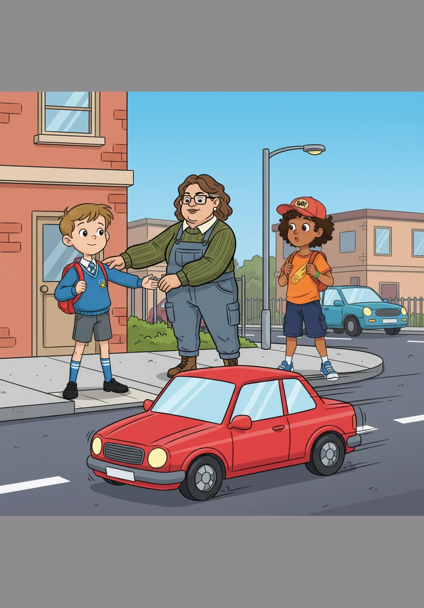 Suddenly, a car zooms by, nearly brushing against Pietie because he forgot to look around before stepping off the curb. Aunt gently pulls him back and teaches the boys the golden rule: Stop, Look, and Listen to the right, the left, and the right again for any coming cars.