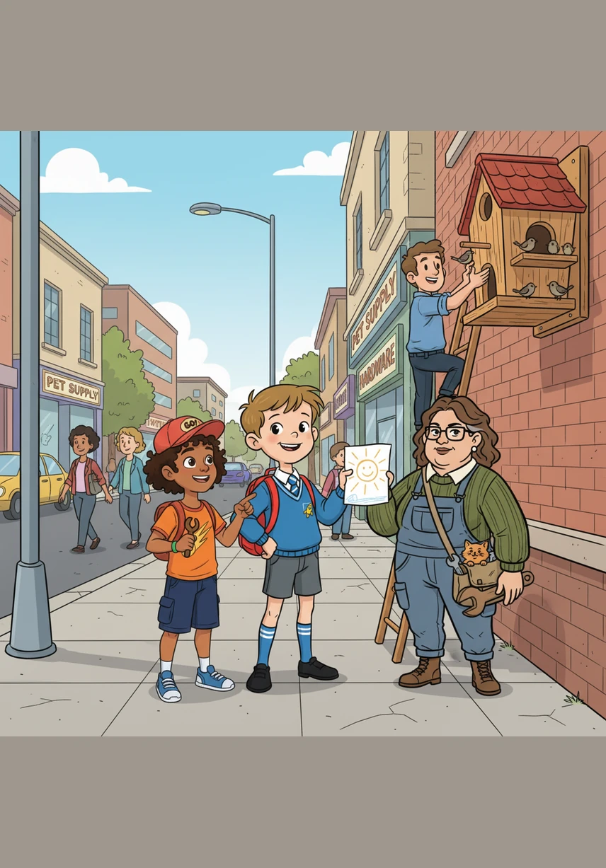 A little further down the street, they find wide white stripes painted across the black asphalt like the patterns on a zebra. Aunt explains that this is a Zebra Crossing, a special and safe place designed specifically for people to walk across the road.