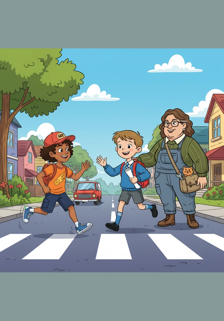 Khosi feels a burst of energy and tries to run across the street to reach the shop faster. Aunt stops him immediately, explaining that running is dangerous because you might trip; you must always walk calmly while keeping your eyes on the traffic.