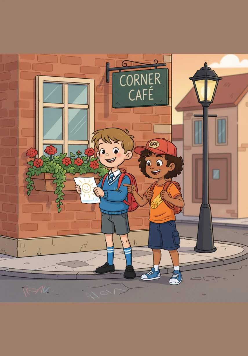 On their way home, they encounter the tall pole again, and this time the light is a firm, glowing red. Pietie and Khosi shout STOP together, waiting patiently for the green light and checking both ways carefully before they start walking again.