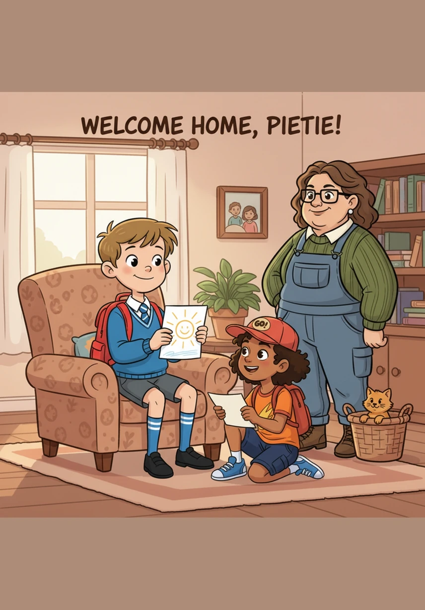 Once they are safely back at home, Pietie sits down and immediately opens his new book to look at the colorful pages. He excitedly tells his mother all about the traffic lights, the zebra crossing, and the important safety rules he learned today.