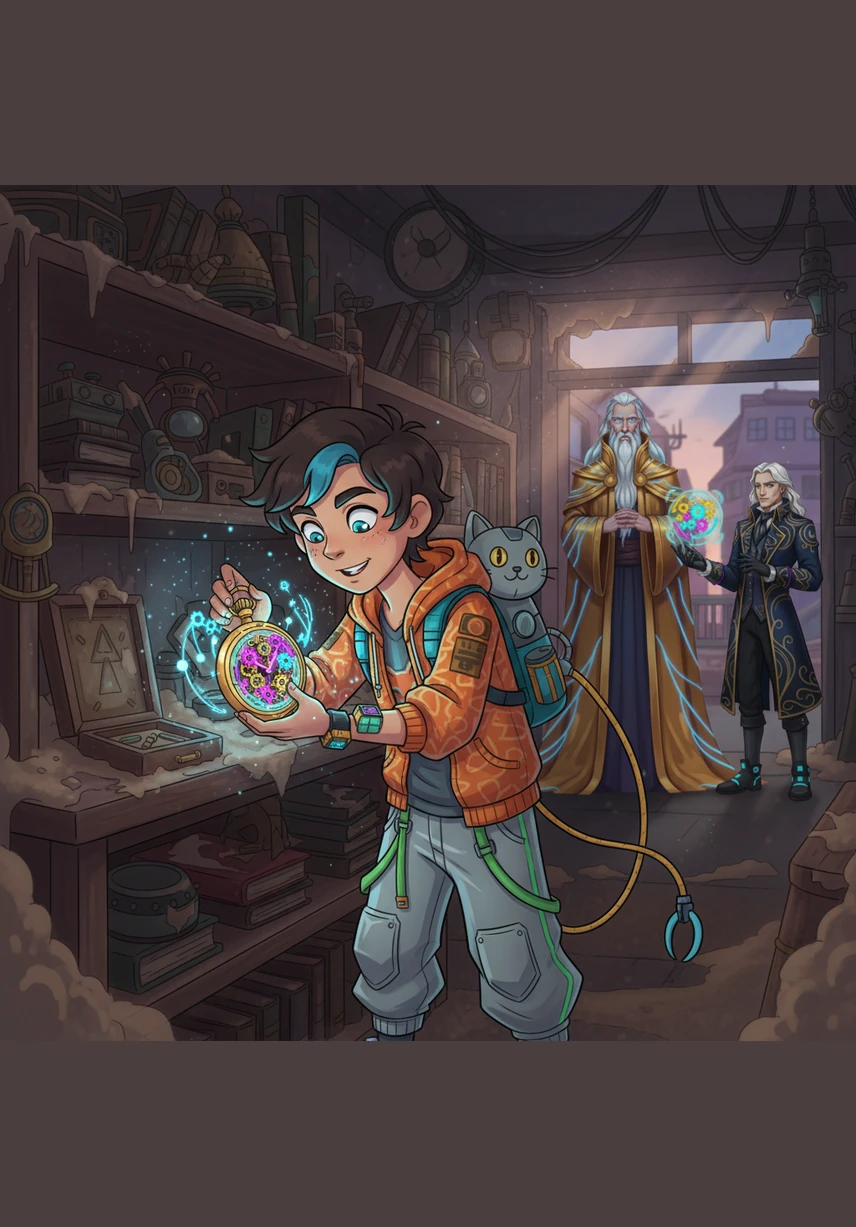 Данияр көне антиквар дүкенінің шаң басқан сөрелерінен ерекше алтын сағатты тауып алды. Оның бетіндегі түсініксіз таңбалар мен механизмдер жұмбақ неон түсті жарықпен шағылысып, бөлме ішін сиқырлы күйге бөледі.