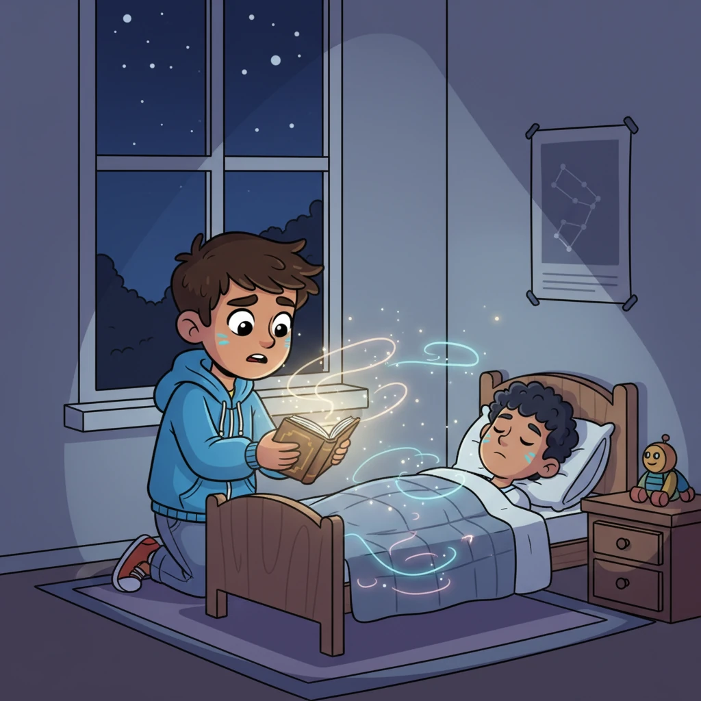 Under the cover of night, Felix carefully recites the spell, his voice a hushed whisper as he stands over a peacefully sleeping Oscar. A gentle, shimmering light envelops Oscar's room, swirling with magical energy, as Felix pours all his desperate hope into the incantation.