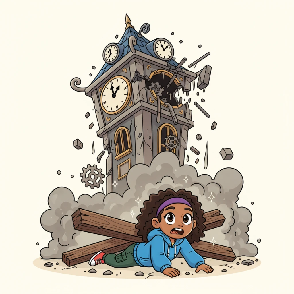 Suddenly, a terrifying rumble shakes the ground, and a colossal, whimsical clock tower begins to dramatically crumble into a cloud of dust and debris. Amidst the chaos, Ellen is seen trapped under a heavy, fallen beam, her face etched with fear and desperation.