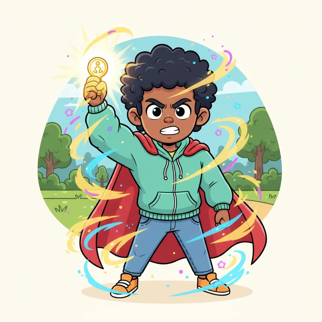 With a burst of fierce determination, Felix pulls out a glowing talisman, its light pulsing with ancient power. He holds it high, and a brilliant flash of magic engulfs him, transforming him into a magnificent, cape-swirling hero with exaggerated strength and a valiant pose.