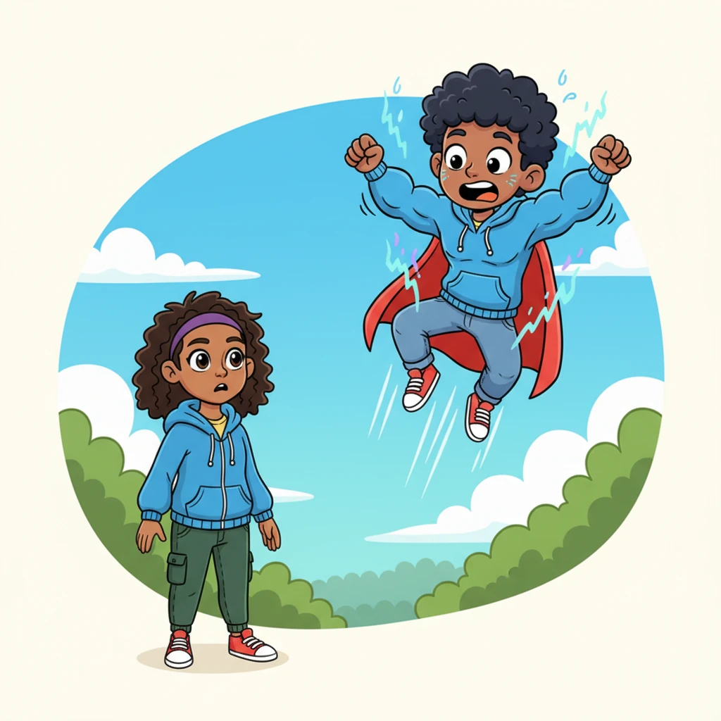 As Felix soars towards Ellen, ready to rescue her, his hero form suddenly flickers and begins to rapidly reverse. His cape shrinks, his muscles deflate, and he barely manages to catch himself before crashing down, his face a mask of shock and confusion.