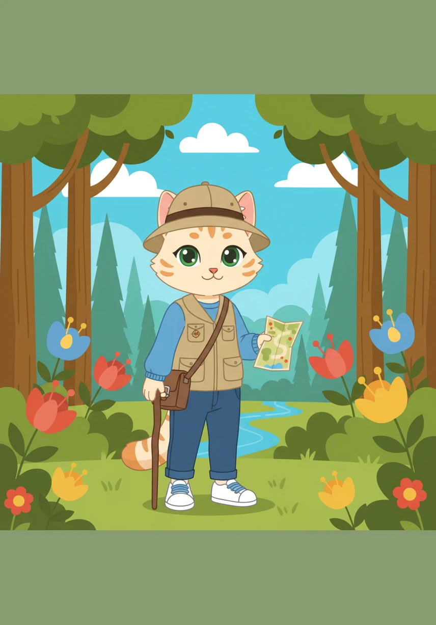 Mila, una gatita antropomórfica con un chaleco de exploradora y un pequeño sombrero, se para sobre un tronco caído en la selva de Iquitos. El entorno es vibrante, con plantas exóticas en 3D y una luz cálida que se filtra entre las hojas.