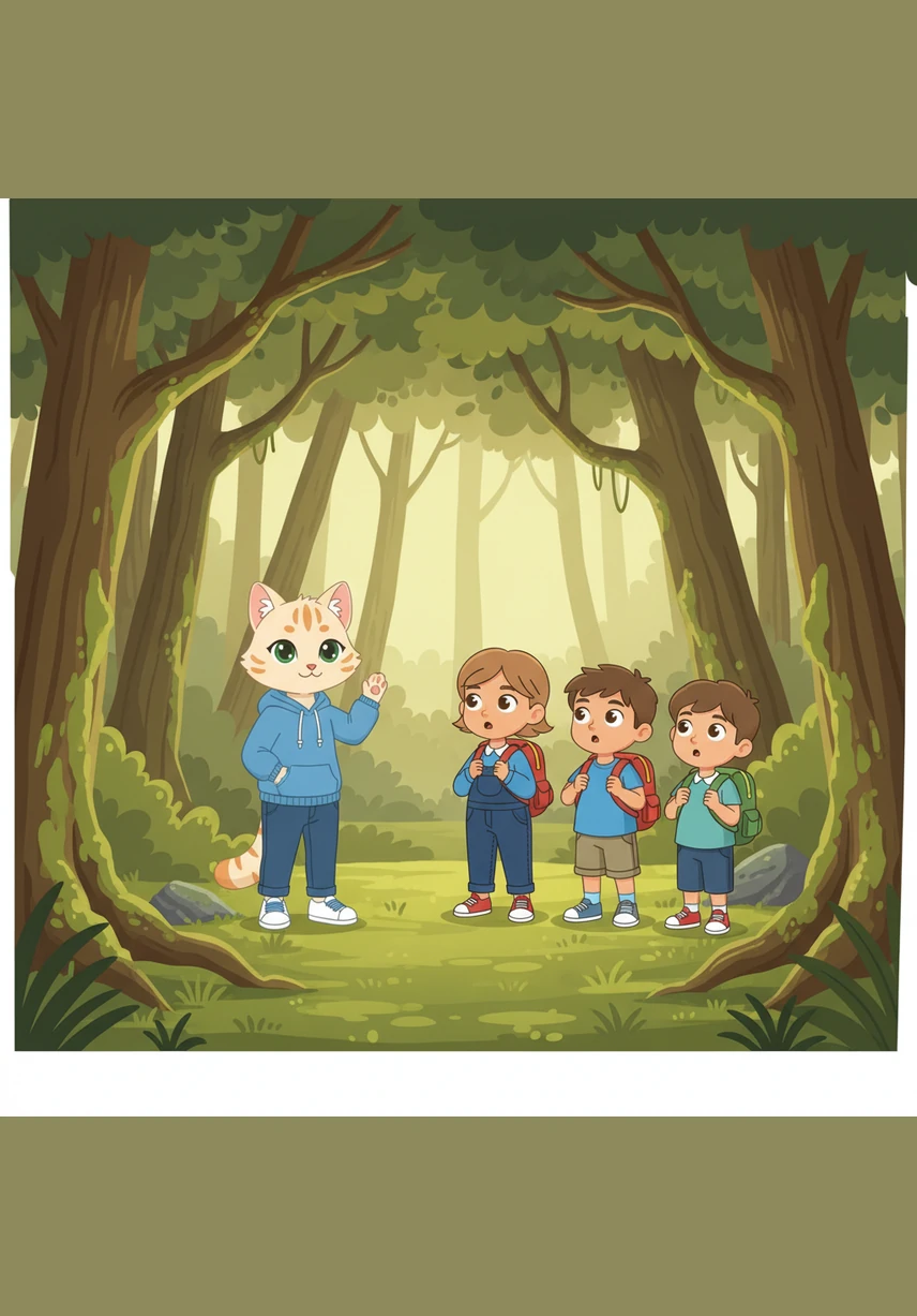 Un grupo de niños y niñas humanos, con mochilas coloridas y expresiones de asombro, se encuentran con Mila en la entrada de un sendero cubierto de musgo. Mila les da la bienvenida levantando una patita amigablemente.