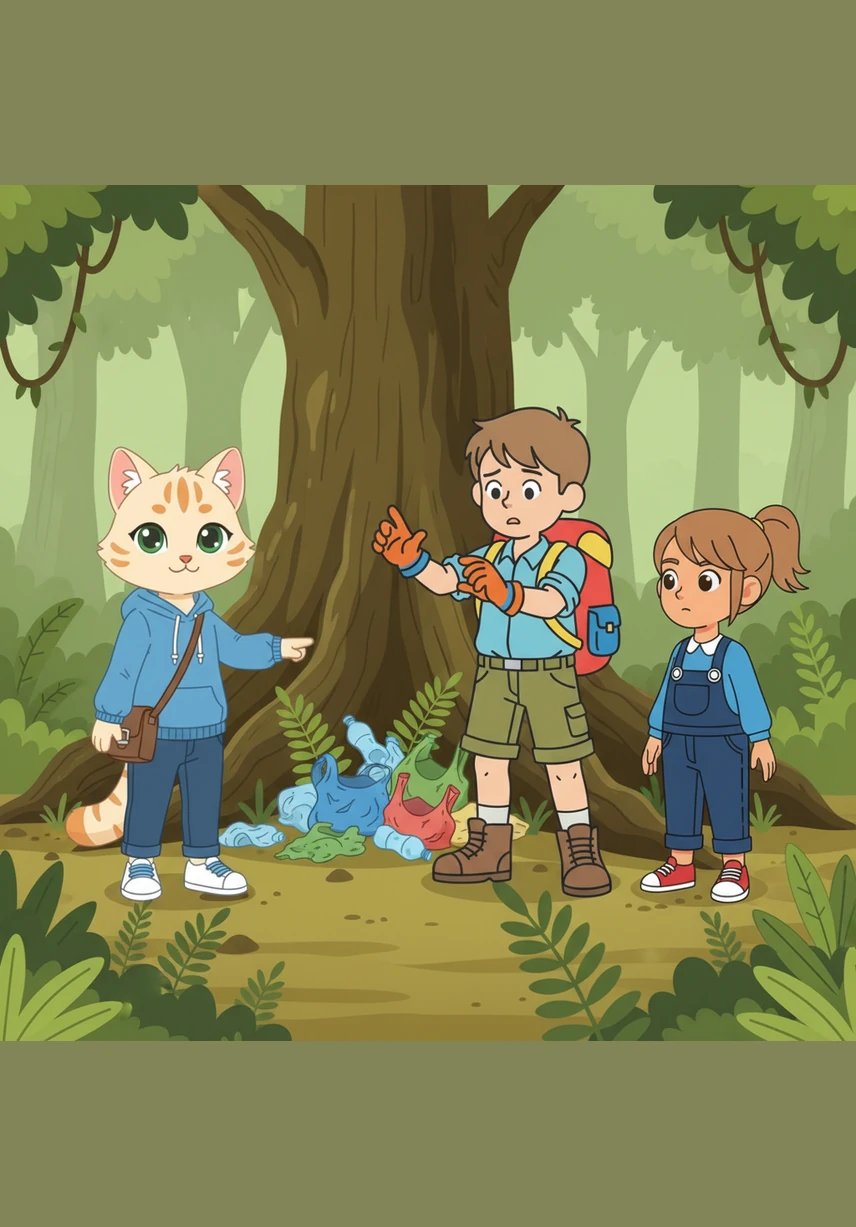 Mientras caminan, Mila señala con tristeza un montón de envoltorios de plástico atrapados entre las raíces de un árbol milenario. Los niños observan con preocupación cómo la basura ensucia el suelo verde de la selva.