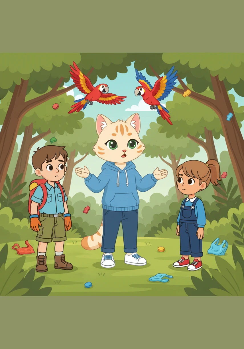 Mila explica a los pequeños que los animales, como los guacamayos que vuelan sobre ellos, pueden enfermarse si confunden el plástico con comida. Los niños escuchan con atención, decididos a ayudar a sus amigos de la naturaleza.