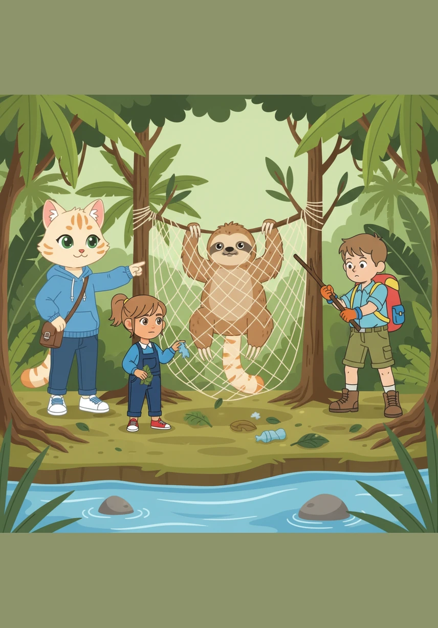 De repente, encuentran a un perezoso atrapado en una red de pesca abandonada cerca de un pequeño riachuelo. Mila dirige al grupo con calma, pidiéndoles que ayuden a despejar el área para poder liberar al animalito con cuidado.