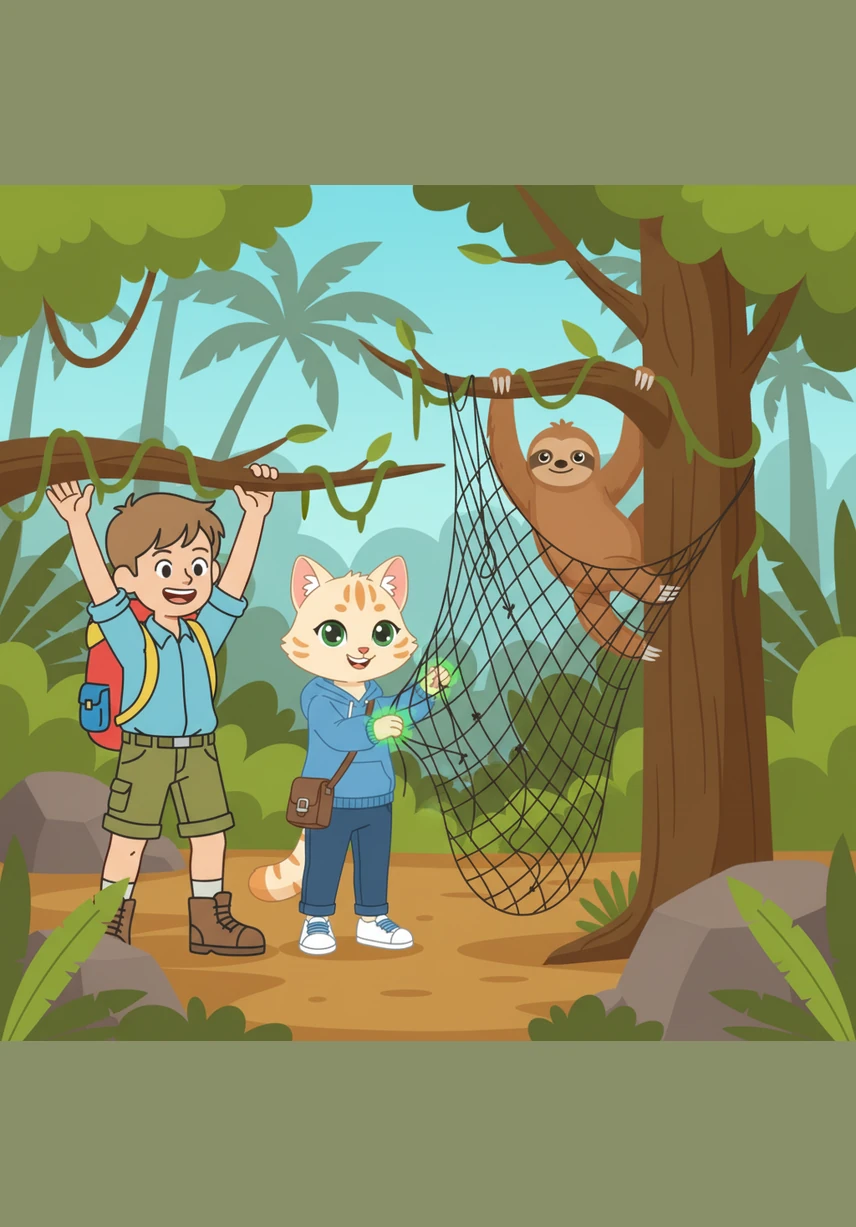 Leo y Sofía sostienen suavemente las ramas mientras Mila usa sus habilidades para desatar los nudos de la red. El perezoso queda libre y trepa lentamente por un árbol, mientras los niños celebran con alegría su primer rescate.