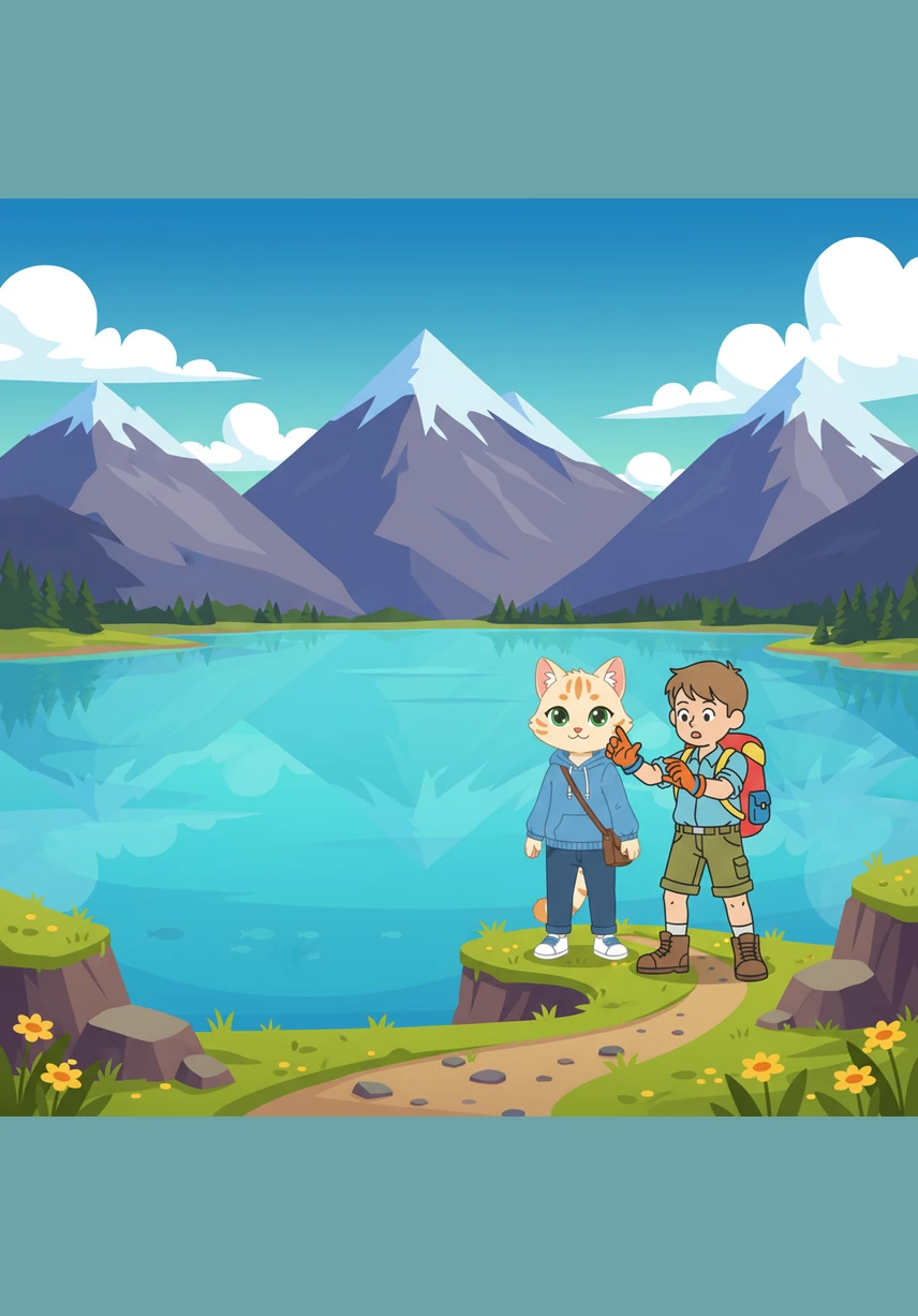 El grupo llega a una laguna cristalina donde el agua refleja el cielo azul y no hay ni rastro de basura. Mila les muestra cómo la naturaleza brilla con todo su esplendor cuando los humanos la respetan y la mantienen limpia.