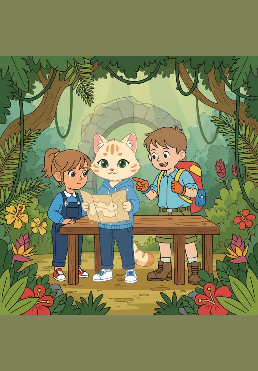 Antes de terminar el recorrido, Mila y los niños plantan un pequeño brote de árbol en un claro de la selva. Cada niño ayuda a poner un poco de tierra fértil, simbolizando su compromiso de cuidar el planeta para siempre.