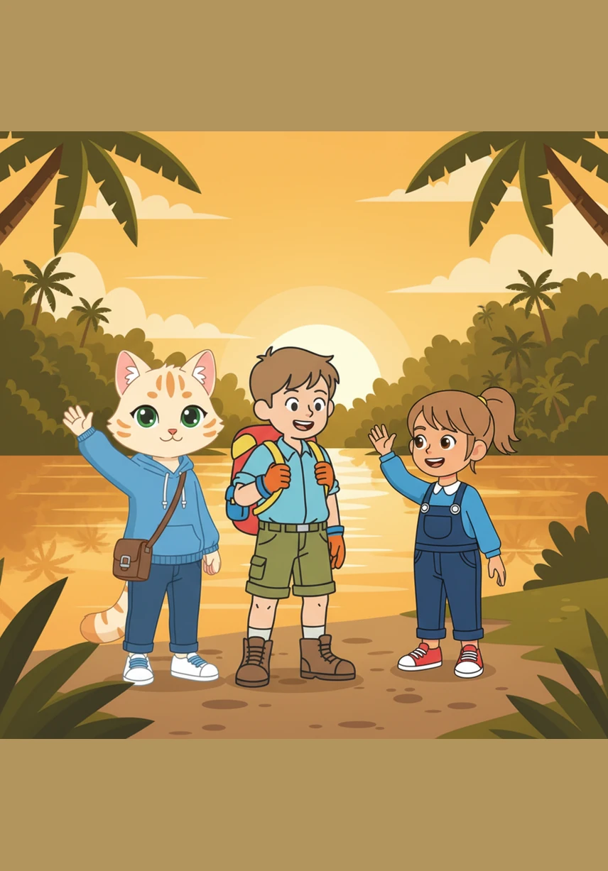 Al atardecer, Mila se despide de sus nuevos amigos en la orilla del río Amazonas mientras el sol tiñe el agua de dorado. Los niños regresan a casa felices, sabiendo que ahora son verdaderos guardianes del bosque de Iquitos.