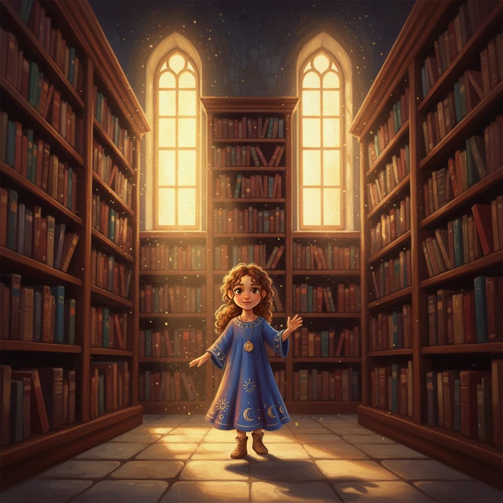 Elara, a curious child with bright, eager eyes, stepped into the grand, hushed Story Library. Sunlight streamed through tall, arched windows, illuminating dust motes dancing like tiny stars in the warm air. Shelves filled with countless books, bound in every color imaginable, stretched high above her, promising endless adventures.