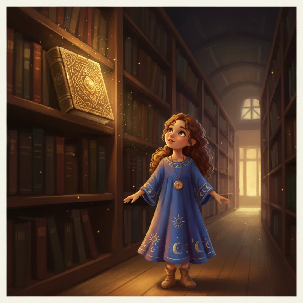 Her gaze was drawn to a beautiful, ornate golden book nestled on a high shelf, glowing with a soft, inviting light. Its cover was intricately carved with swirling patterns and forgotten symbols, hinting at the wonders within. It seemed to call to her, a silent invitation to a world unknown.