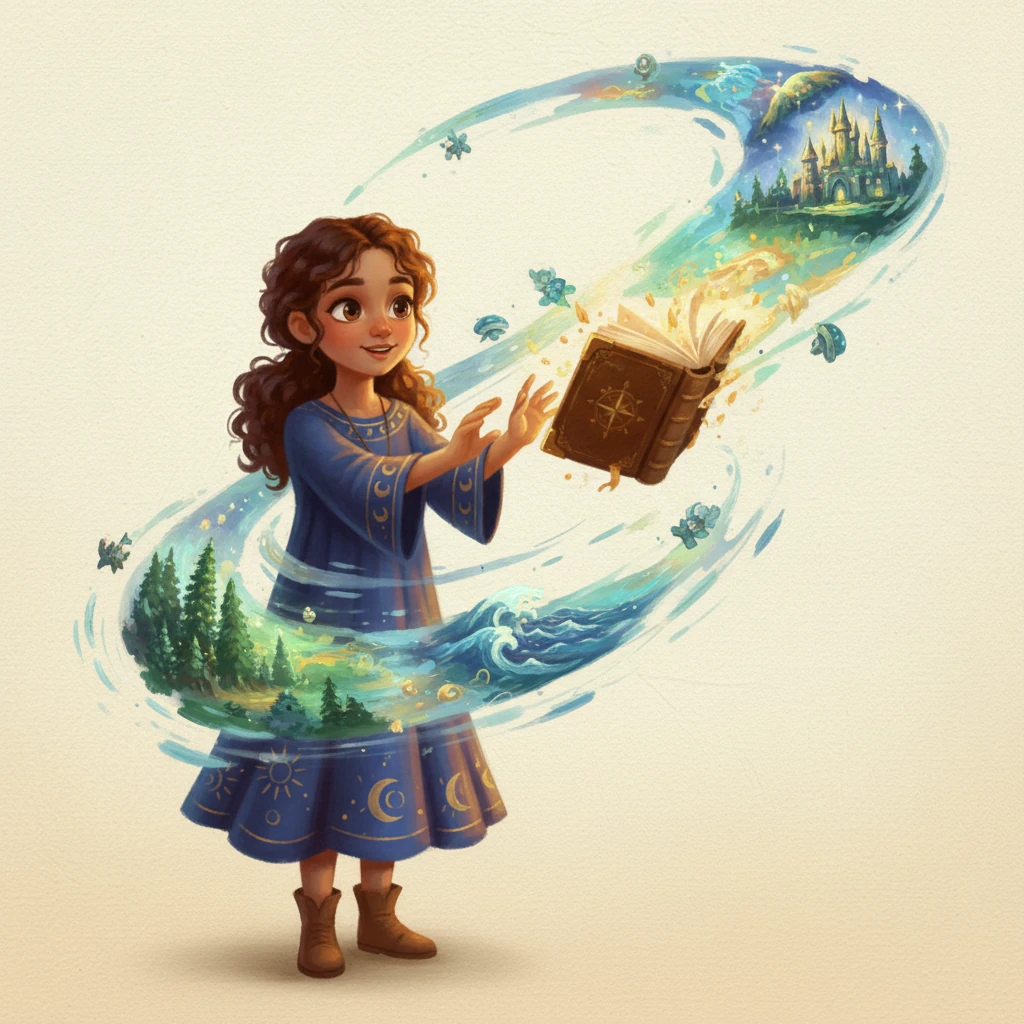As Elara gently reached out and touched the golden book, its ancient pages fluttered open with a soft, whispering sound. Vibrant, moving pictures spilled out, swirling like magical mist around her. Forests, castles, and sparkling oceans began to appear, shimmering and beckoning from the air.
