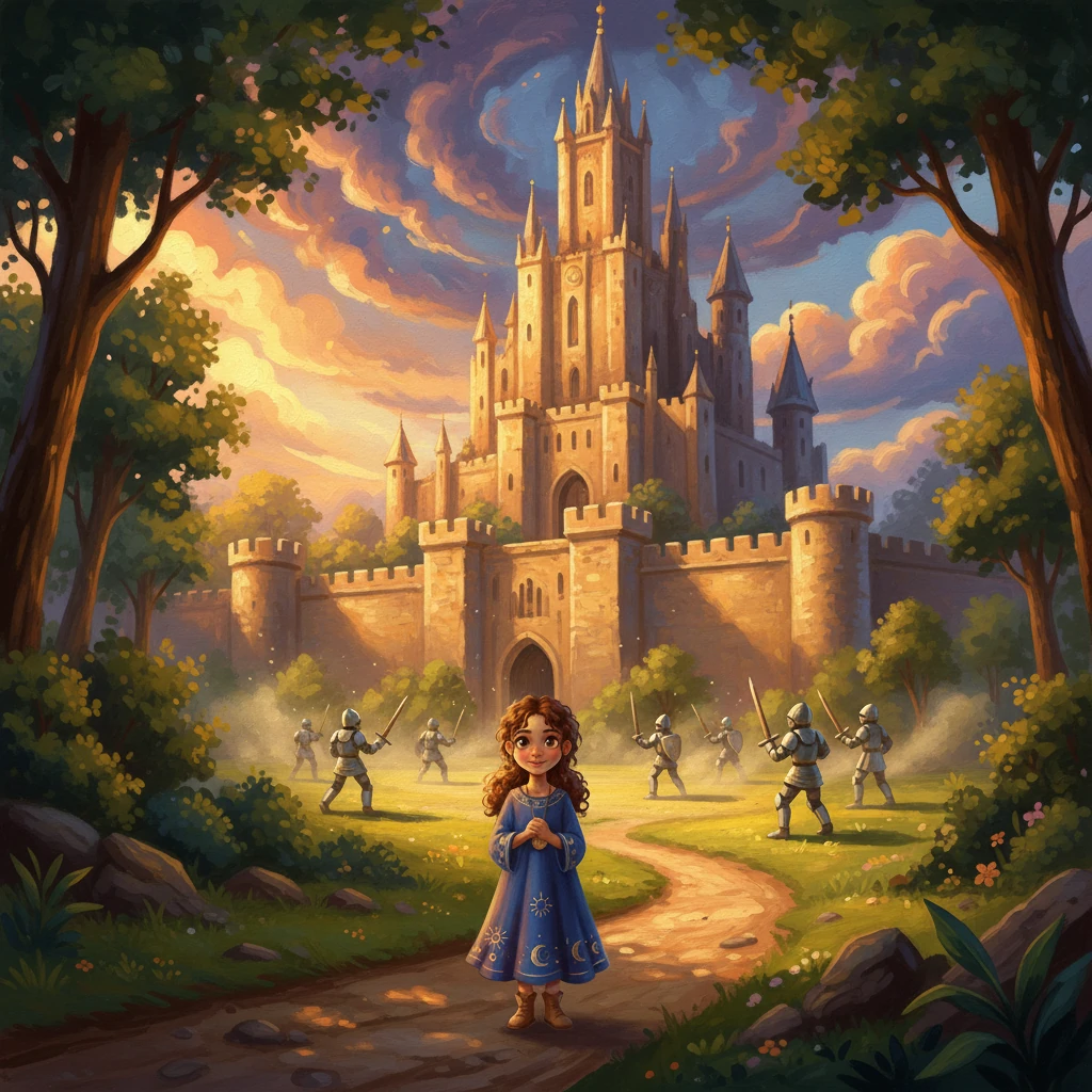 The winding forest path led her to a magnificent, towering castle, its stone walls glowing under a dramatic, golden-hour sky. Knights in shining armor practiced in the courtyard, their laughter echoing through the ancient stones. Elara watched, feeling a spark of bravery ignite within her own heart.