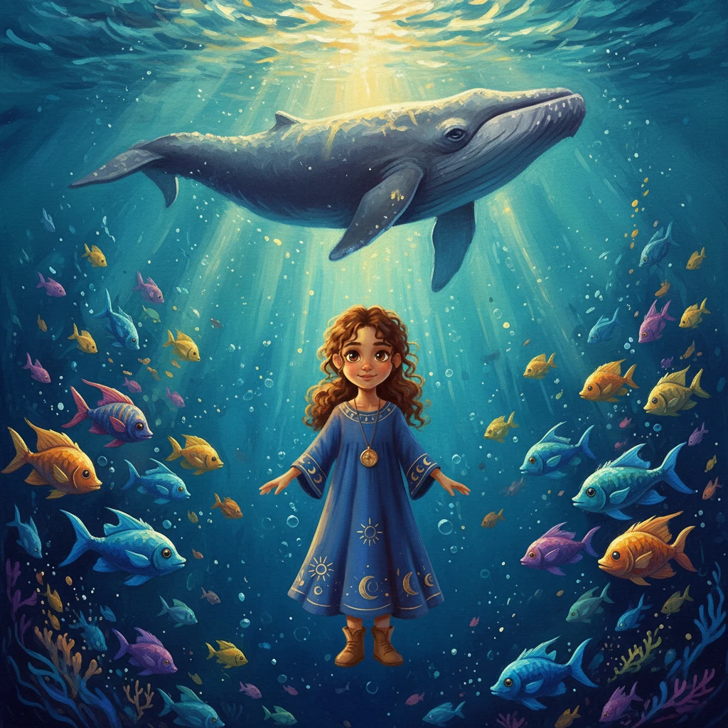 Next, with a gentle swirl, she was transported to the deep, sparkling ocean, where colorful fish swam past her in vibrant schools. A majestic, gentle whale glided through the clear blue water, its enormous shadow passing overhead. The ocean's vastness taught her patience and the beauty of the unknown depths.