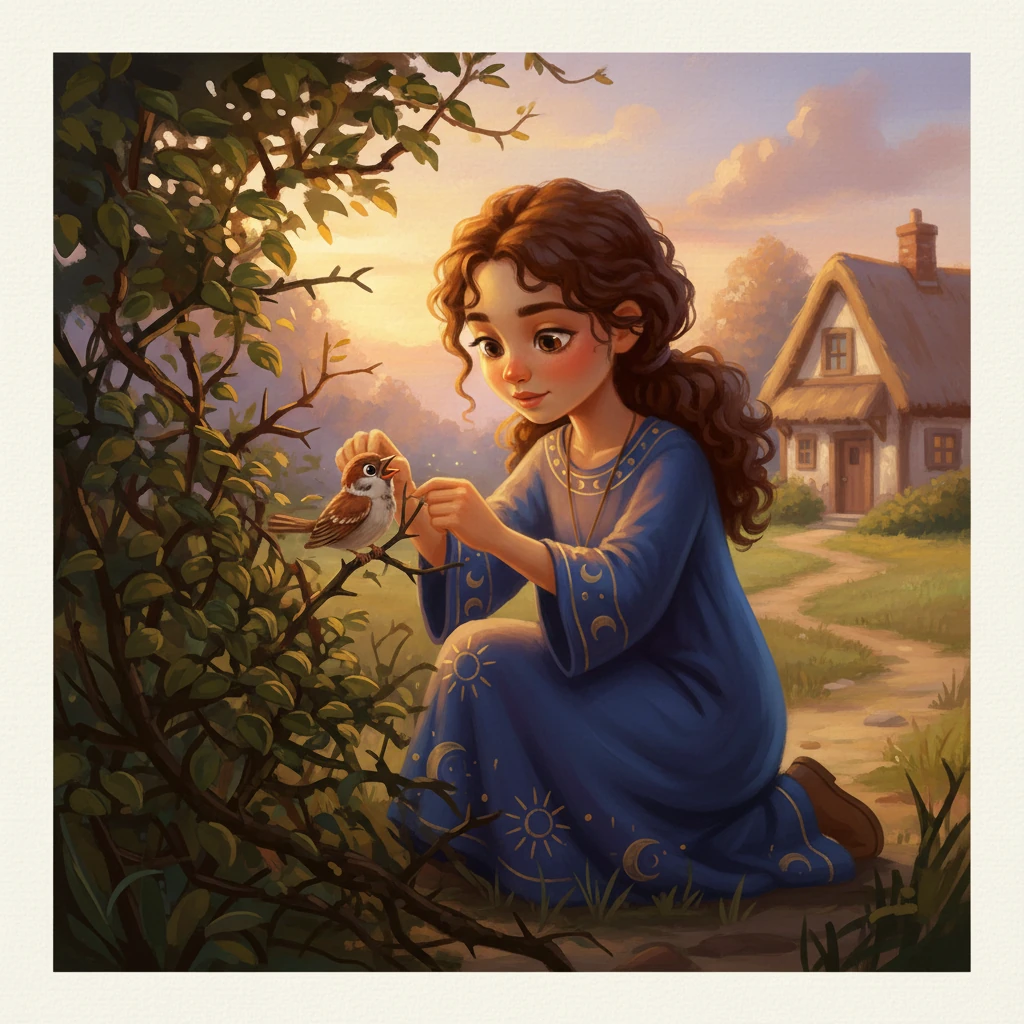 Back in a cozy story scene, Elara encountered a small, lost bird tangled in a thorny bush, chirping softly for help. Remembering the kindness she had read about in many tales, she carefully freed the little creature. A warmth spread through her heart, a quiet glow of compassion.