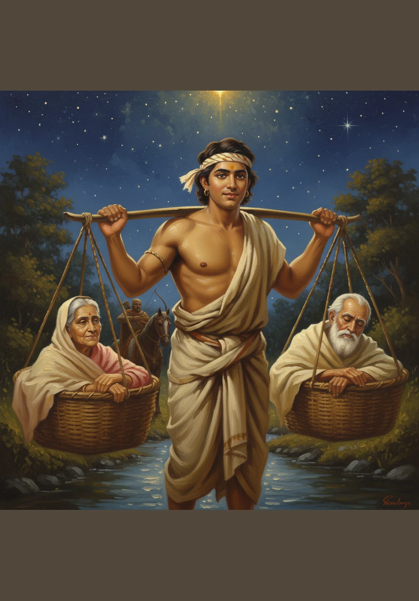 The Devotion of Shravan Kumar is a timeless tale of love and duty. Under a canopy of bright stars and golden light, a young man prepares for a journey that will show the world the true meaning of a son’s promise.