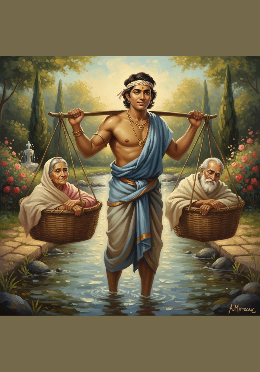 Shravan Kumar was a gentle soul who lived a simple life in a peaceful village. His parents were blind and elderly, and he spent every moment ensuring they felt safe, loved, and never alone in their darkness.