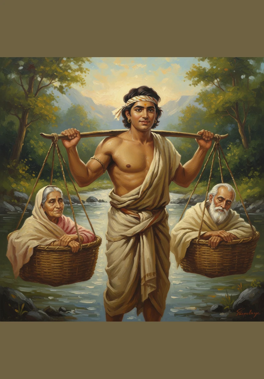 Every morning, Shravan prepared fresh meals and guided his parents with a tender hand. His mother looked delicate in her flowy silken garments and pearl ornaments, smiling warmly as her devoted son cared for her every need.