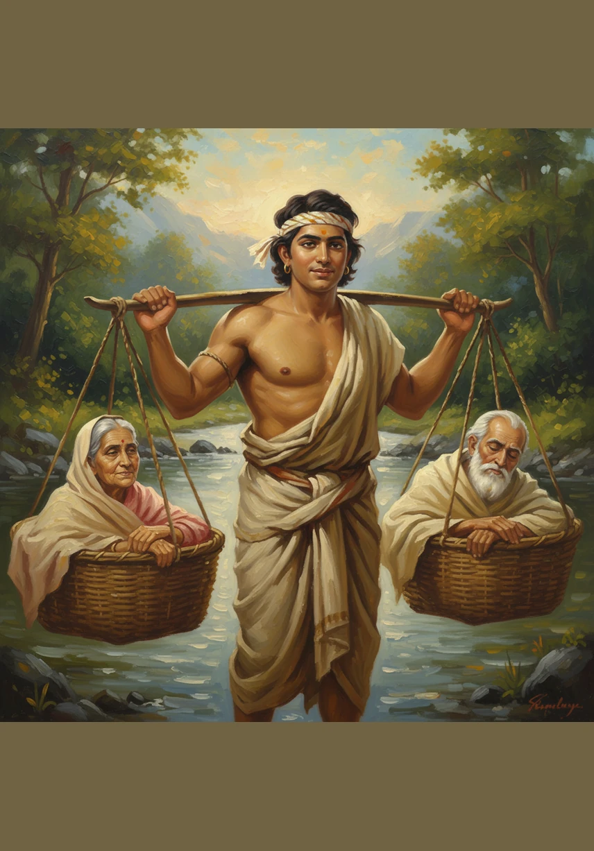 One quiet evening, his parents shared a deep longing to visit the holy sites across the land before they grew too old. Without a moment's hesitation, Shravan promised to fulfill their wish, his heart full of joy at the thought of making them happy.