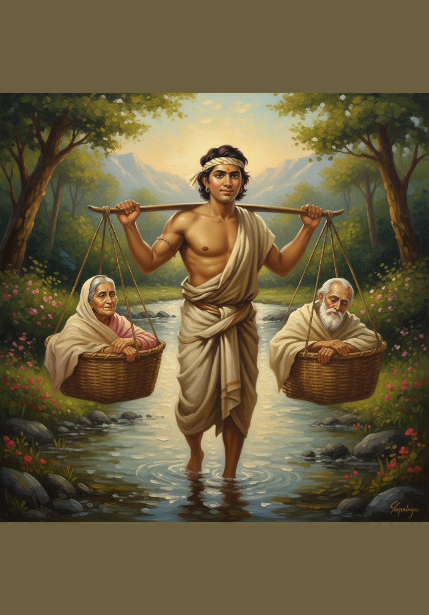 To carry his parents, Shravan built a sturdy bamboo pole with two large, comfortable baskets at each end. He walked many miles through lush green forests and over sparkling blue rivers, balancing his precious cargo with unwavering strength.