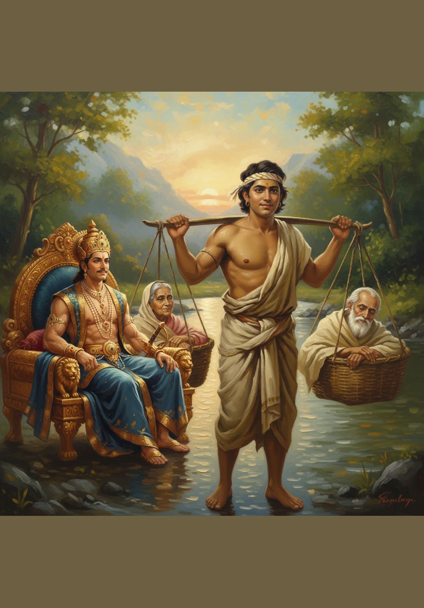 As the sun began to set, the family stopped near the banks of the quiet Sarayu River to rest. His parents were weary and thirsty, so Shravan took a brass pot and headed toward the water to fetch a cool drink for them.