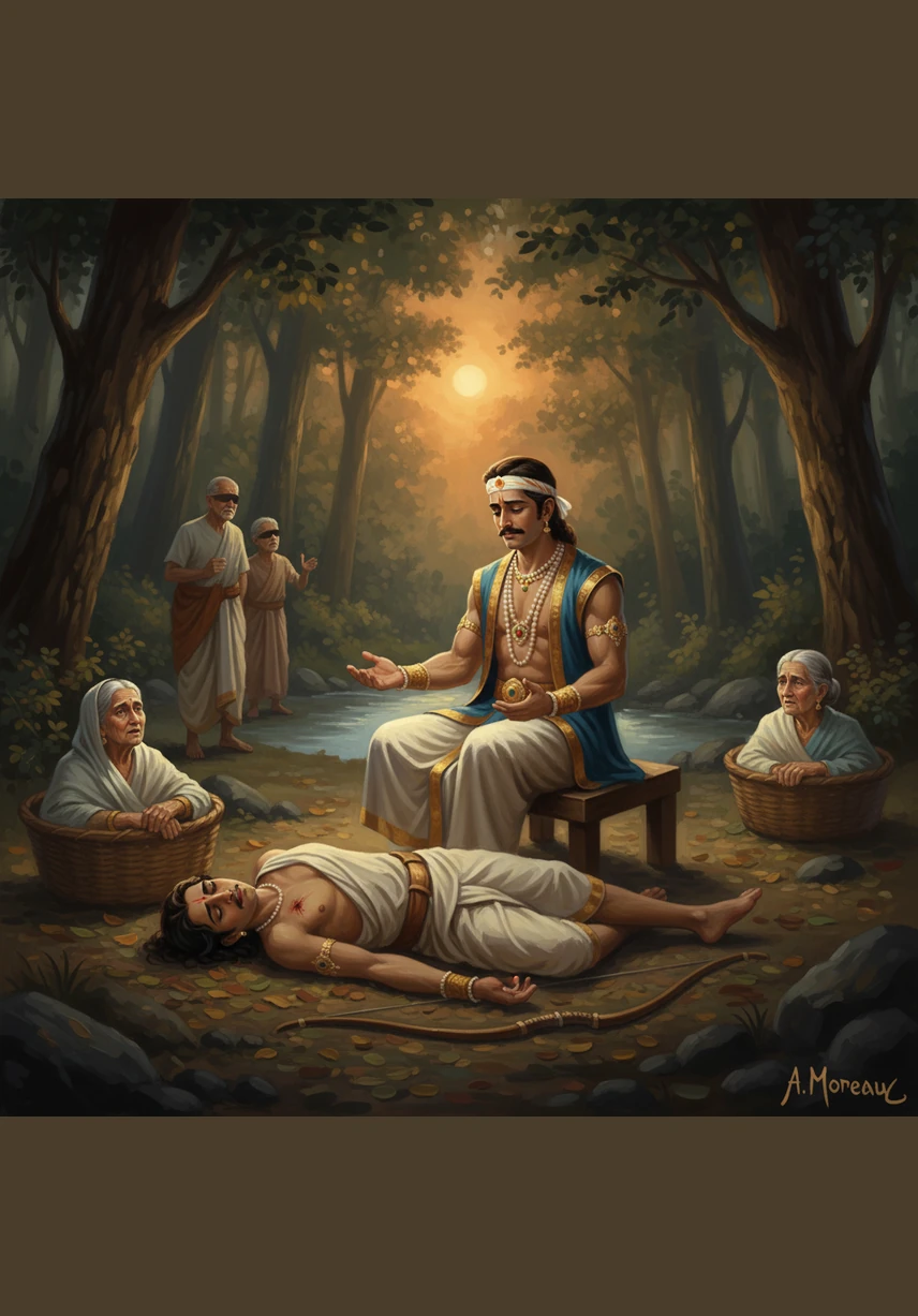 Nearby, King Dasharatha was hunting in the deep shadows of the forest, listening for the sounds of wild animals. When he heard the gurgling of water, he mistook it for a deer and released a swift, powerful arrow into the twilight.