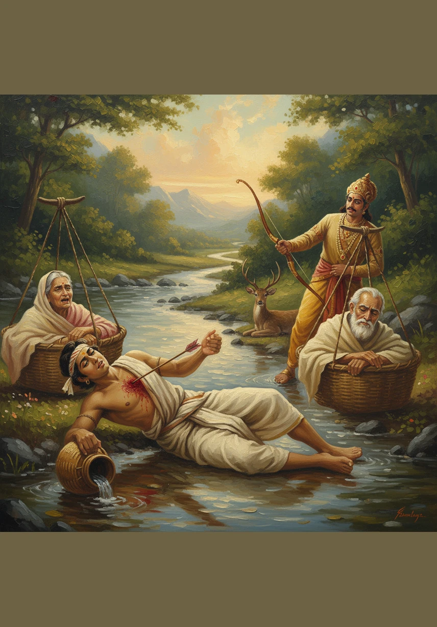 A cry of pain echoed through the trees as the arrow struck Shravan instead of a wild animal. The King rushed to the riverbank and was filled with horror to find a young man fallen, still thinking only of the water his parents needed.