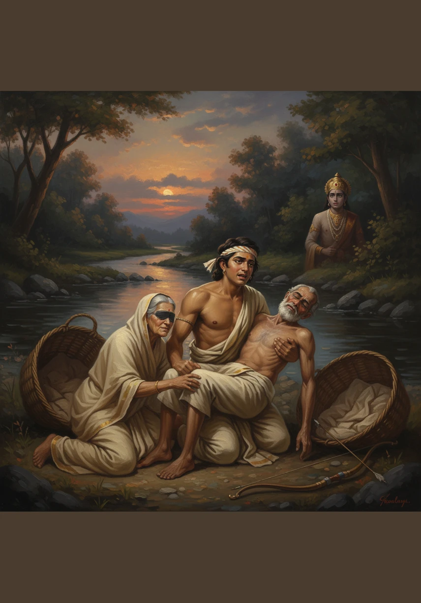 When the blind parents learned of their son's fate, their hearts were shattered into a thousand pieces by the riverbank. In their immense grief, they told the King that he too would one day feel the unbearable pain of losing a beloved son.