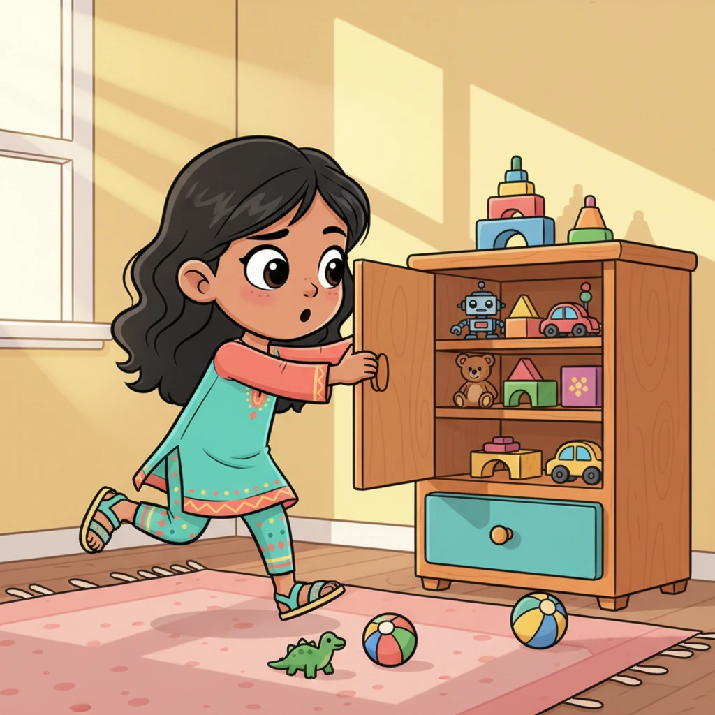 في مساء يوم جميل بعد عودتها من المدرسة، ركضت نور بسرعة نحو خزانة ألعابها. كانت متحمسة للعب بلعبتها الجديدة، لكن عندما فتحت الخزانة، لم تجدها. اختفت اللعبة!