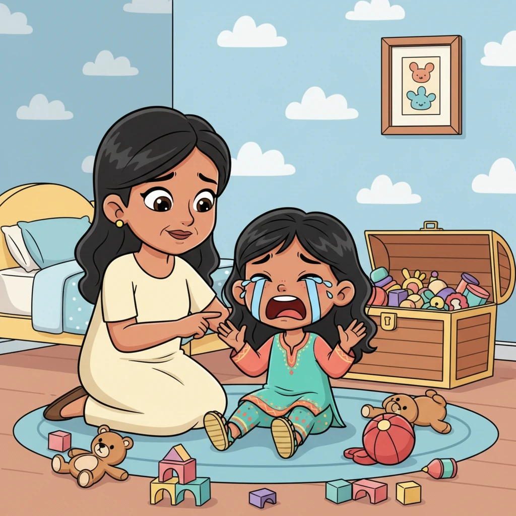 بدأت نور تصرخ بحزن وتنادي جميع من في البيت، وتسأل بدموع عن لعبتها الجميلة. اقتربت أمها منها بلطف وقالت لها أن تبحث جيدًا، مؤكدة أنها ستجدها بالتأكيد بين ألعابها الأخرى.