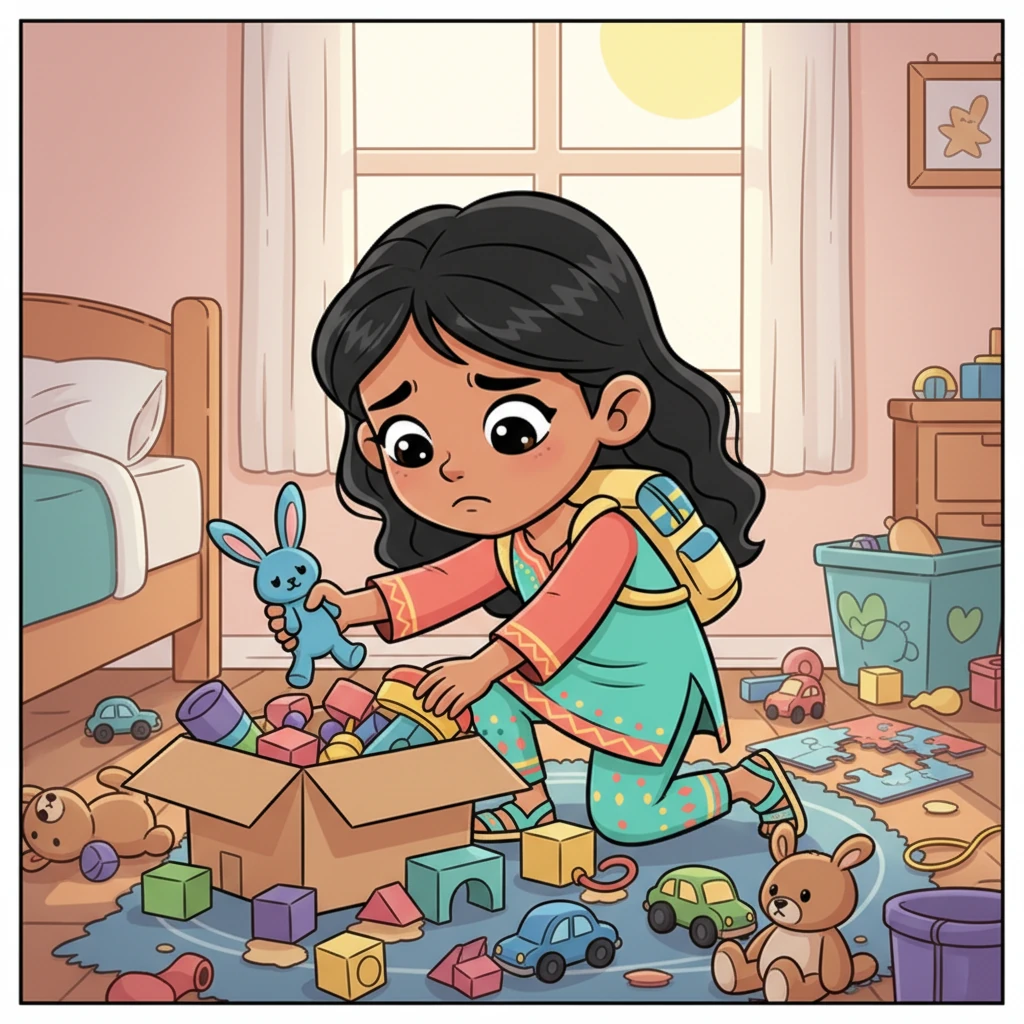 عادت نور لتبحث بين ألعابها، تفتش كل لعبة على حدة بتركيز شديد. قلبت الألعاب ورفعت الصناديق، لكنها لم تر أثرًا للعبتها العزيزة، وازداد حزنها أكثر.